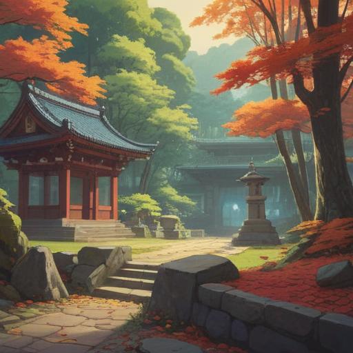 A serene scene at Ohyama Afuri Shrine, mystical atmosphere, surrounded by ancient trees, ethereal light filtering through the leaves, subtle spiritual symbols in the air, visitors in a reflective pose, vibrant nature, detailed shrine architecture, tranquil mood, inviting path leading to the shrine, 4k