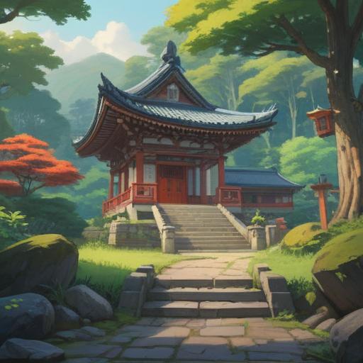 A serene landscape depicting the Ooyama Afuri Shrine after a visit, lush greenery surrounding the shrine, a tranquil atmosphere, sunlight filtering through the trees, a gathering of visitors admiring the shrine, symbolic lucky items like omamori and charms on display, peaceful and spiritual ambiance, 4k