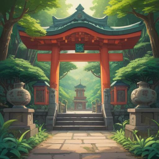 A serene landscape illustration of Oomikami Shrine, spiritual significance embodied in the design, lush greenery surrounding the shrine, traditional Shinto architecture, soft light filtering through the trees, tranquil atmosphere, visitors in contemplative poses, symbolizing connection to the divine, radiating peace and harmony, 4k