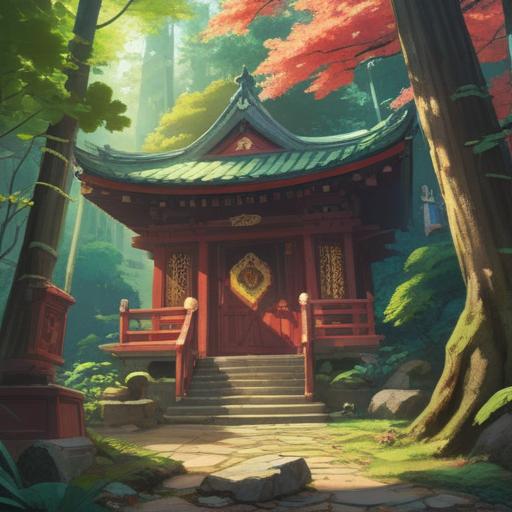 A serene depiction of the Omigami Shrine, surrounded by lush greenery, sunlight filtering through the trees, ethereal energy swirling around, harmonious blend of nature and spirituality, inviting and tranquil atmosphere, vibrant colors, intricate architectural details, feeling of divine blessings, 4k