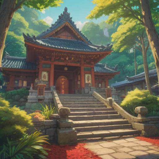 A serene scene at a grand shrine surrounded by lush nature, soft sunlight filtering through leaves, intricate shrine architecture, mystical symbols in the air, mindful visitors observing spiritual signs, tranquil atmosphere, detailed stone pathways, harmonious connection with nature, 4k