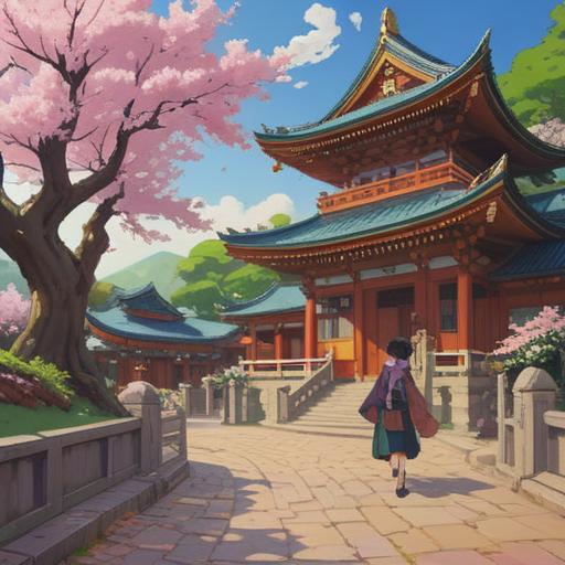 A serene scene depicting a visit to a grand shrine, vibrant cherry blossoms in bloom, visitors displaying joy and gratitude, traditional architecture with intricate details, sunlight filtering through the trees, people performing rituals and prayers, a sense of luck and positivity in the air, peaceful atmosphere, cultural significance, 4k