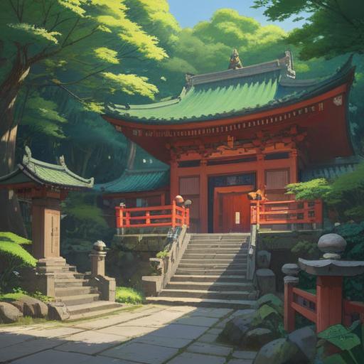 A serene temple scene, Ohara Nishinomiya Shrine surrounded by lush greenery, spiritual ambiance, traditional Japanese architecture, calming presence, morning sunlight filtering through the trees, detailed wooden structures, peaceful atmosphere, sacred vibes, 4k