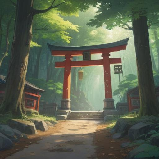 A serene and mystical scene at Ohiranoyama Shrine, illuminated by soft sunlight filtering through trees, ethereal mist surrounding the shrine, gentle flowing river nearby, peaceful ambiance, symbolic elements representing spirituality, harmonious nature, inviting pathways leading to the shrine, lush greenery, tranquil atmosphere, culturally rich context, 4k