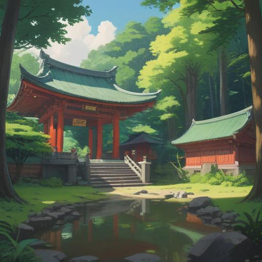 A serene scene depicting Ohara-numa Shrine, lush greenery surrounding the shrine, soft beams of sunlight filtering through the trees, mystical aura in the air, symbols of spiritual signs such as feathers and stones on the path, calm and reflective atmosphere, vibrant colors, inviting and peaceful environment, nature intertwined with spirituality, high-resolution