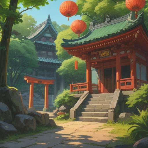 A serene illustration of the Ohara-no-Jinja Shrine, warm sunlight filtering through lush green trees, a visitor holding a lucky charm, colorful traditional red and white shrine architecture, soft natural atmosphere, surrounded by peaceful nature, detailed textures, 4k