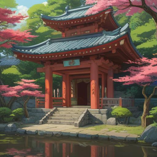 A serene landscape showcasing Ohara-yama Shrine, surrounded by lush greenery, traditional Japanese architecture, vibrant seasonal flowers, tranquil atmosphere, visitors reflecting on the beauty of nature, harmonious blend of culture and spirituality, detailed stone pathway leading to the shrine, warm sunlight filtering through trees, 4k