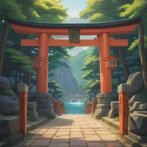 A serene view of Daizenji Shrine surrounded by lush greenery, the iconic floating torii gate of Miyajima in the background, spiritual atmosphere, tranquil waters reflecting the scenery, ancient trees standing tall, ethereal light illuminating the shrine, harmonious elements of nature, peaceful setting, 4k