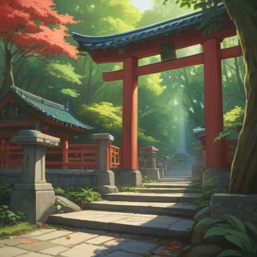 A serene visit to Omoiden Shrine, lush greenery surrounding the shrine, gentle sunlight filtering through the leaves, peaceful atmosphere, a sense of spiritual awakening, vibrant traditional architecture, soft whispers of nature, spiritual symbols and offerings, harmony with nature, moments of reflection and gratitude, 4k