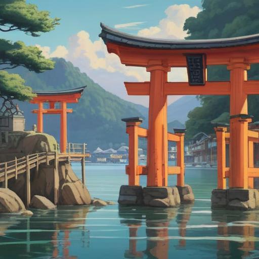 A serene landscape of Miyajima Island, sacred Itsukushima Shrine in the background, floating torii gate surrounded by calm waters, ethereal light illuminating the scene, subtle spiritual symbols integrated into the environment, tranquil atmosphere, people observing nature, thoughtful expressions, rich greenery, misty mountains, 4k