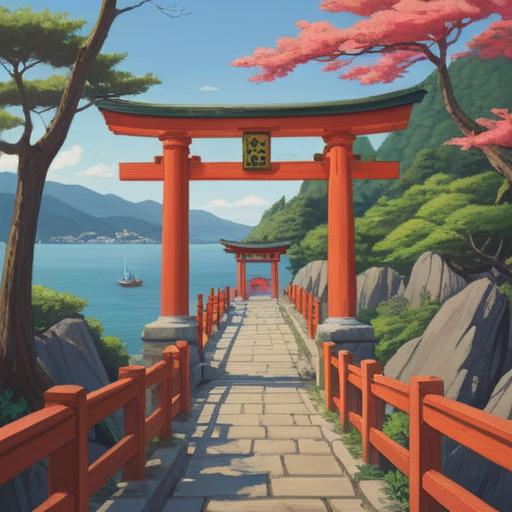 A serene landscape featuring Miyajima Island, a vibrant red torii gate standing tall against the ocean, lush green mountains in the background, a peaceful atmosphere, tourists smiling and taking pictures, symbolic elements of fortune and good luck, clear blue skies, detailed flora and fauna, 4k