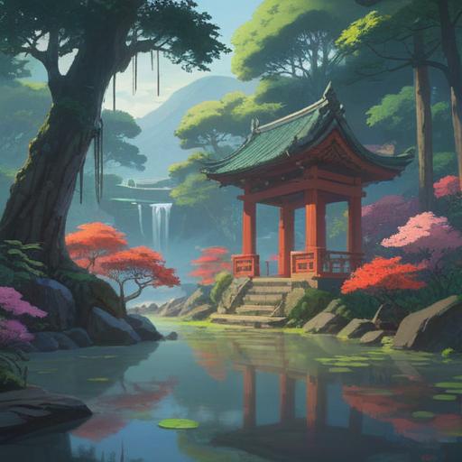 A serene landscape featuring the Ōmotog Shrine surrounded by lush greenery, ethereal mist, tranquil water reflections, vibrant seasonal flowers, ancient stone torii gate, spiritual symbols woven into the scenery, peaceful atmosphere, balanced harmony, 4k