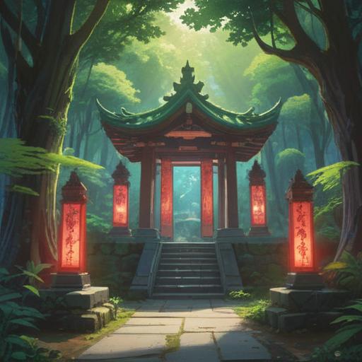 A serene and mystical representation of the Omoto Shrine, surrounded by lush greenery, ethereal light filtering through the trees, symbols of spirituality like torii gates and sacred stones, a sense of peace and harmony, captivating details that evoke a spiritual experience, tranquil atmosphere, inviting pathways leading towards the shrine, 4k