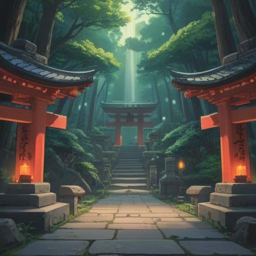 A serene landscape of Oimoto Shrine, mystical atmosphere, ethereal light filtering through ancient trees, stone pathway leading to the shrine, subtle spiritual symbols in the air, soft whispers of nature, a gentle breeze stirring leaves, inviting tranquility, 4k