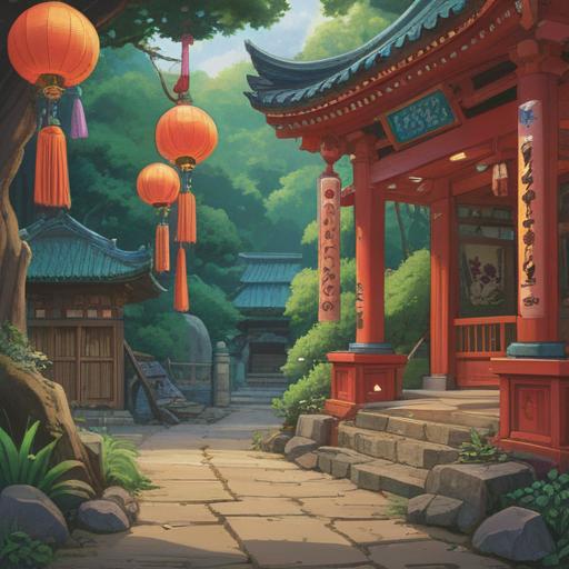 A serene and peaceful illustration of Daigen Jinja Shrine, showcasing various lucky charms and talismans, vibrant colors, intricate details on the charms, lush greenery surrounding the shrine, gentle sunlight filtering through the trees, a sense of tranquility and good fortune, traditional Japanese architecture, 4k