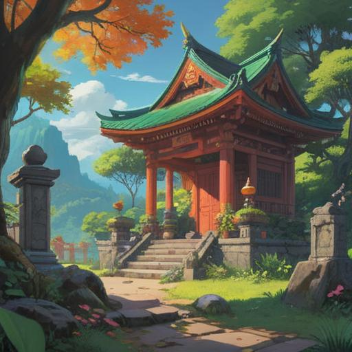 A serene landscape featuring a majestic shrine surrounded by lush greenery, elements representing spiritual energy and harmony, people engaging in peaceful practices like meditation and prayer, soft sunlight filtering through the trees, tranquil atmosphere, colorful offerings at the shrine, vibrant flowers and nature, 4k
