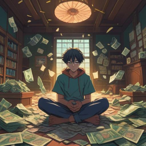 A deep and introspective illustration, a person sitting in a vast empty room, surrounded by scattered dollar bills, a glowing light from above illuminating their face, symbolic reflections of loss and rebirth, ethereal and dreamlike atmosphere, spiritual symbols subtly integrated into the background, emotional expressions, 4k