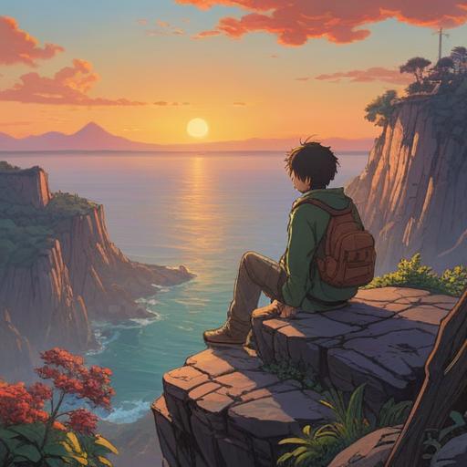 A contemplative scene depicting a person sitting on a cliff edge, gazing at a sunset, surrounded by symbolic elements of loss and gain, ethereal light illuminating the figure, serene expression, nature's beauty reflecting a sense of peace, butterflies representing transformation, 4k