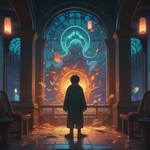 A mystical scene depicting the moment of losing a large sum of money, ethereal lights representing spiritual signs, a figure standing in contemplation, surrounded by symbols of caution and wisdom, a swirling aura of energy, introspective expression, hints of nature like trees and flowing water in the background, focus on the emotional weight of the experience, 4k