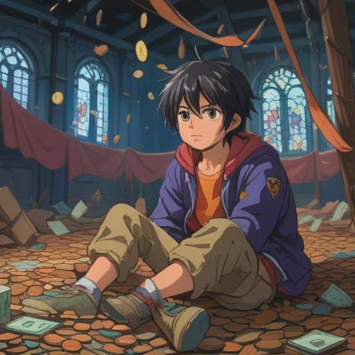 A character sitting on the ground looking despondent after losing a large amount of money, surrounded by shattered coins and bills, a glowing crystal hovering above them, radiant light emanating from the crystal symbolizing hope and luck, a serene environment with a soft, ethereal glow, contrasting emotions of despair and renewed hope, detailed background with hints of nature, 4k