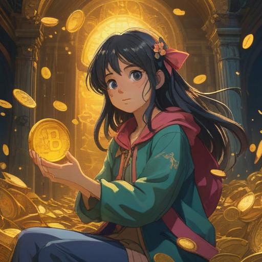 A mystical scene depicting the transformative power of spending large sums of money, vibrant energy radiating from golden coins, ethereal light illuminating the surroundings, symbols of abundance and spiritual growth, serene figures embodying happiness and fulfillment, lush green landscapes representing prosperity, harmonious atmosphere.