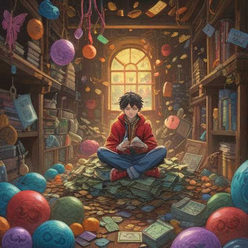 A whimsical illustration of a person surrounded by various lucky items, vibrant colors, a large pile of cash in the foreground, sparkling coins and charms scattered around, contrasting elements of wealth and luck, cheerful expression, bright sunlight filtering through, enchanting atmosphere, 4k