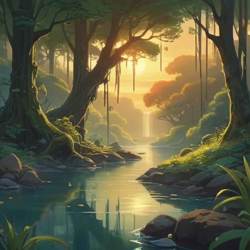 A mystical landscape symbolizing the spiritual meaning of sudden wealth, golden light illuminating a tranquil scene, flowing rivers representing abundance, lush greenery symbolizing prosperity, ethereal figures interacting with the environment, harmonious balance between nature and wealth, serene atmosphere, vibrant energy, 4k