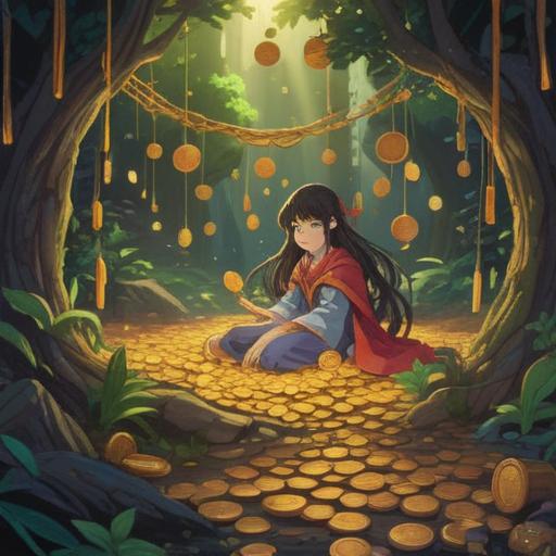 A mystical scene depicting a large pile of gold coins illuminated by a radiant light, symbols of prosperity and abundance surrounding it, an ethereal aura suggesting spiritual connection, serene landscape in the background with vibrant colors, nature elements like flowers and trees enhancing the magical atmosphere, intricate details on the coins reflecting hope and fortune, 4k