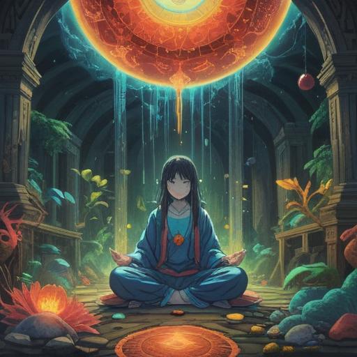 A mystical scene depicting spiritual signs of caution when receiving large sums of money, ethereal symbols in the air, a serene figure meditating, surrounded by glowing light, subtle omens like feathers and coins, tranquil nature backdrop, enchanting atmosphere, rich colors, spiritual energy, 4k