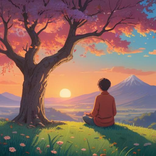 A serene and calming landscape, gentle sunrise illuminating a peaceful valley, a person meditating under a blooming tree, soft light surrounding their silhouette, symbols of abundance in nature, harmonious colors, sense of tranquility and preparation, inviting atmosphere, 4k