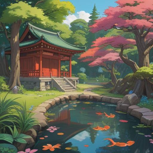 A serene depiction of Omiya Hikawa Shrine, tranquil Snake Pond surrounded by lush greenery, spiritual symbolism represented by a graceful snake, ethereal lighting illuminating the water surface, traditional shrine architecture in the background, soft ripples in the pond creating a meditative atmosphere, harmonious blend of nature and spirituality, 4k