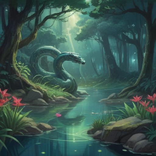 A serene pond surrounded by lush greenery, a majestic serpent gracefully coiling above the water's surface, ethereal light reflecting on the water, mystical aura, symbols of spirituality and good fortune subtly integrated, tranquil atmosphere, vibrant colors, nature's harmony, detailed flora and fauna, peaceful scene, 4k