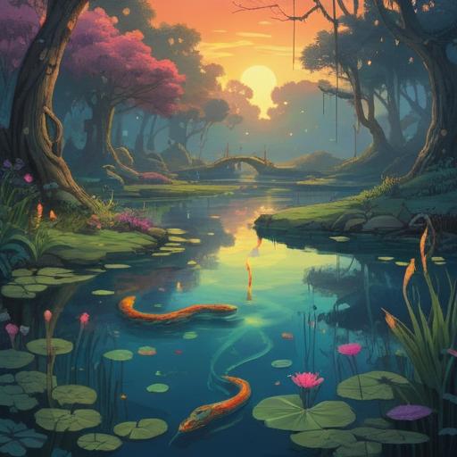 A serene scene of a tranquil pond with a winding snake, mystical reflections on the water, ethereal glow surrounding the pond, various spiritual symbols floating above, lush greenery and vibrant flowers encircling the area, an atmosphere of calm and introspection, inviting viewers to contemplate deeper meanings, 4k