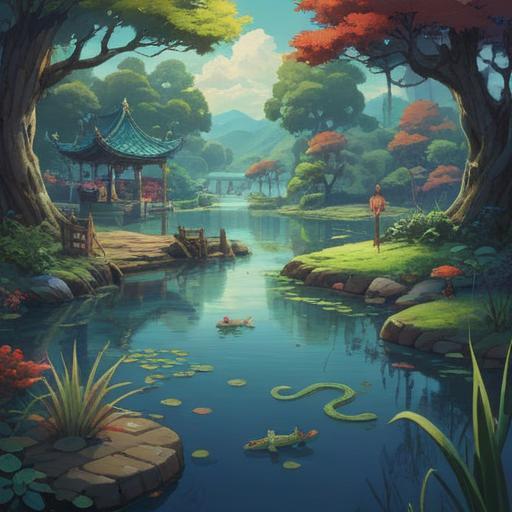 A serene scene depicting a tranquil pond dedicated to snake worship, colorful offerings surrounding the water, a diverse group of visitors dressed in traditional attire, cultural rituals in progress, lush greenery framing the pond, a gentle mist rising from the surface, a vibrant snake coiled gracefully nearby, lucky charms scattered on the shore, peaceful and spiritual atmosphere, 4k
