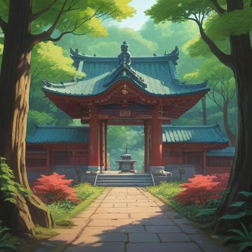 A serene and mystical view of Omiya Hikawa Shrine, lush greenery surrounding the sacred space, ethereal light filtering through the trees, tranquil atmosphere, traditional Shinto architecture, offerings at the altar, spiritual energy emanating from the shrine, sense of peace and reverence, 4k