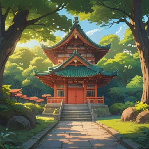 A serene illustration of Omiya Hikawa Shrine, lush green trees surrounding the shrine, gentle sunlight filtering through the leaves, a peaceful atmosphere, visitors receiving spiritual signs, traditional Japanese architecture, intricate details on the shrine's elements, ethereal energy emanating from the surroundings, 4k