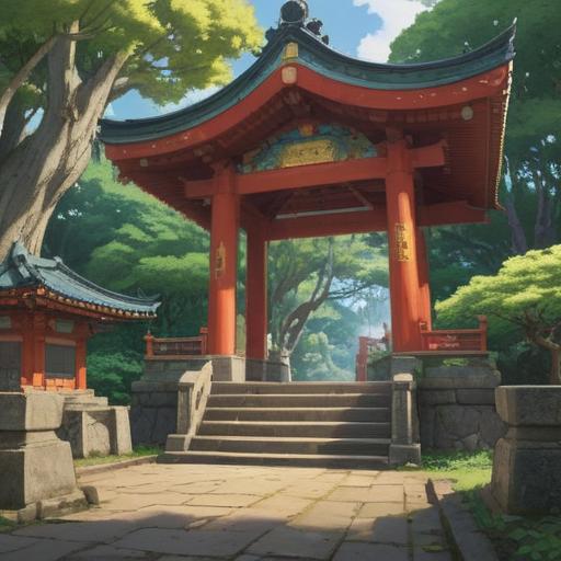 A serene and mystical illustration of Omiya Hikawa Shrine, beautifully detailed architecture, ancient trees surrounding the shrine, tranquil atmosphere, spiritual symbols subtly integrated in the scene, golden light filtering through the leaves, visitors experiencing a moment of reflection, 4k