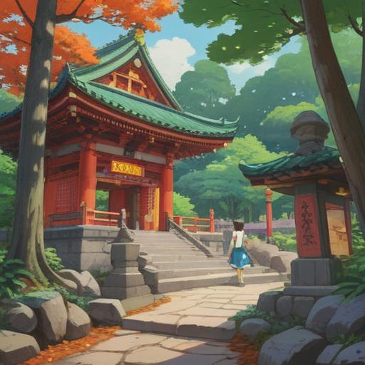 A serene illustration of Omiya Hikawa Shrine, visitors in traditional attire, colorful power stones symbolizing luck, lush greenery surrounding the shrine, peaceful atmosphere, visitors admiring the stones, intricate details in shrine architecture, sunlight filtering through trees, harmonious blend of nature and spirituality, 4k