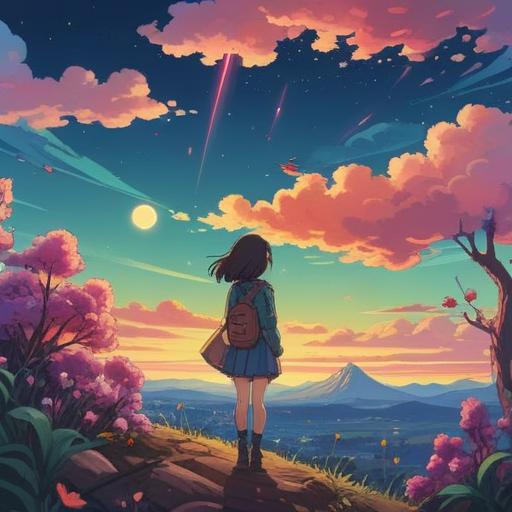 A serene landscape depicting the concept of late bloomers, symbolic flowers blossoming slowly, spiritual signs in the sky like shooting stars, a wise tree representing growth and patience, soft ethereal light, peaceful atmosphere, harmonious nature elements, 4k