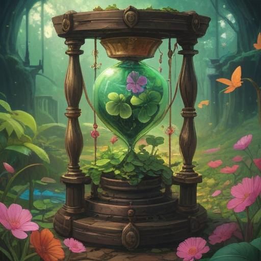 A symbolic illustration of a late-blooming talent, featuring a vibrant four-leaf clover, an antique hourglass, and a blooming flower, surrounded by a warm light, signifying luck and growth, with a tranquil environment, hints of wisdom and patience, 4k