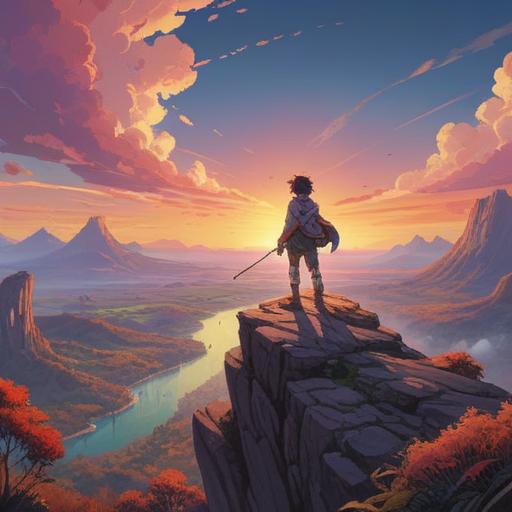 An inspiring scene of a person standing at the edge of a cliff, overlooking a vast landscape filled with vibrant colors, a sunrise breaking on the horizon symbolizing new beginnings, an open path leading into the distance, the person appears determined and hopeful, representing personal growth and exploration, expansive sky above, gentle breeze moving through the grass, 4k