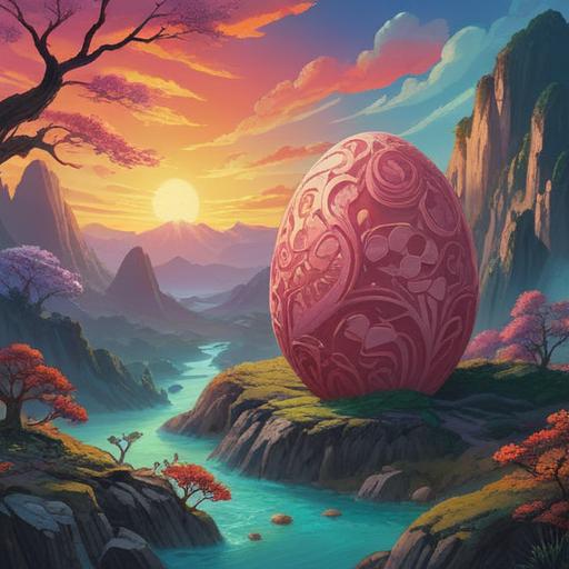 A mystical depiction of the Daikan Egg, symbolizing spiritual awakening, in a serene landscape, vibrant colors reflecting the essence of winter, delicate details in the egg's texture, surrounded by a tranquil aura, soft light illuminating the scene, intricate patterns representing cosmic energy, peaceful scenery evoking a sense of calm and introspection, ethereal atmosphere, 4k