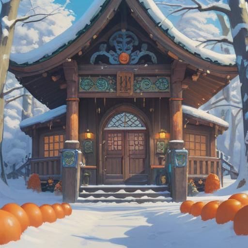 A serene winter landscape, an altar with sacred eggs nestled in fresh snow, vibrant natural surroundings, gentle light illuminating the scene, spiritual symbols incorporated in the design, calm and peaceful atmosphere, a sense of enlightenment and connection to nature, soft pastel colors, 4k