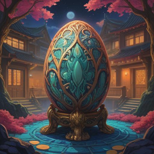 A mystical representation of the Daikan egg, showcasing a vibrant egg with intricate patterns, surrounded by ethereal light, symbolizing important spiritual signs, serene atmosphere, tranquil nature backdrop, deep meaning in details, captivating colors, 4k