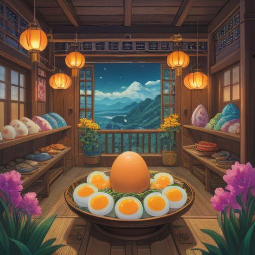 A serene scene depicting a traditional Japanese setting, featuring Daikan Tamago (Big Cold Eggs) symbolizing renewal and luck, an elegant display of various lucky foods like mochi and symbolic fruits, soft sunlight filtering through cherry blossoms, peaceful atmosphere, inviting and harmonious composition, 4k
