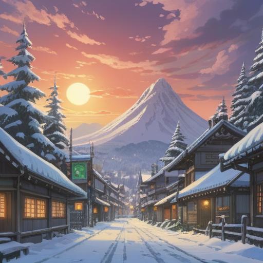 A serene winter landscape, a tranquil scene depicting the essence of Daikan, snow-covered trees, soft sunlight breaking through clouds, a hint of spirituality in the air, traditional Japanese elements, meditative atmosphere, symbolic nature, vibrant yet calming colors, 4k