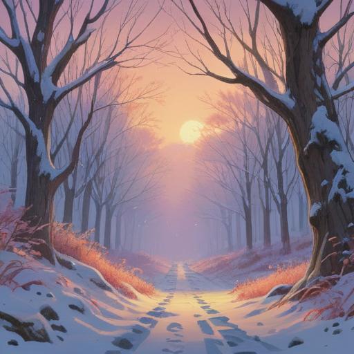 A mystical winter landscape during the coldest days of January, ethereal light filtering through snowy trees, subtle symbols of spiritual awareness like faint orbs and shimmering energy, a peaceful atmosphere, encouraging mindfulness, serene figures meditating in the snow, nature's whispers, 4k