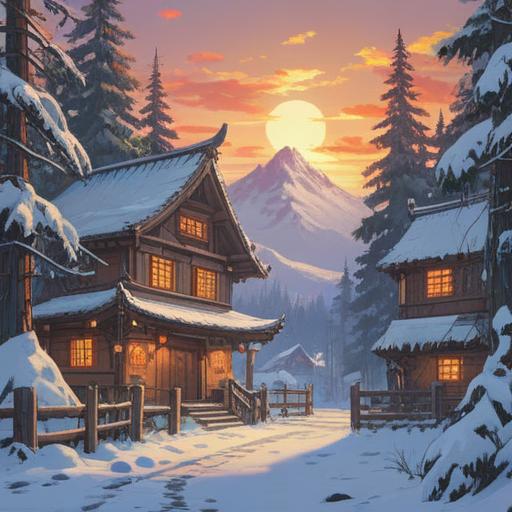 A serene winter scene, depicting traditional lucky charms, such as protective amulets and talismans, surrounded by snow-covered pine trees, a cozy wooden cabin in the background with smoke rising from the chimney, soft sunlight breaking through the clouds, a feeling of warmth and hope, intricate details on the charms, 4k