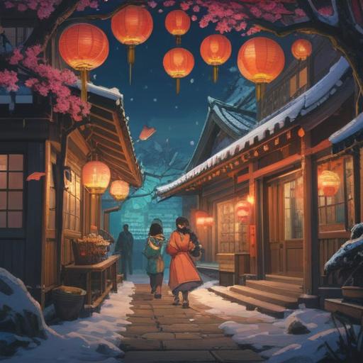 A symbolic illustration representing catching a cold on New Year's Eve, ethereal and mystical elements, traditional Japanese New Year's decorations, soft and warm colors, contrasting the chill of illness, serene atmosphere, a character experiencing contemplation, subtle imagery of healing and renewal, 4k