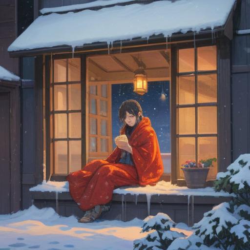 A serene illustration of a person wrapped in a warm blanket, sitting by a window on New Year's Eve, soft snow falling outside, a comforting hot drink in hand, symbolic imagery of renewal and introspection, gentle light illuminating the scene, cozy atmosphere, spiritual awakening, 4k
